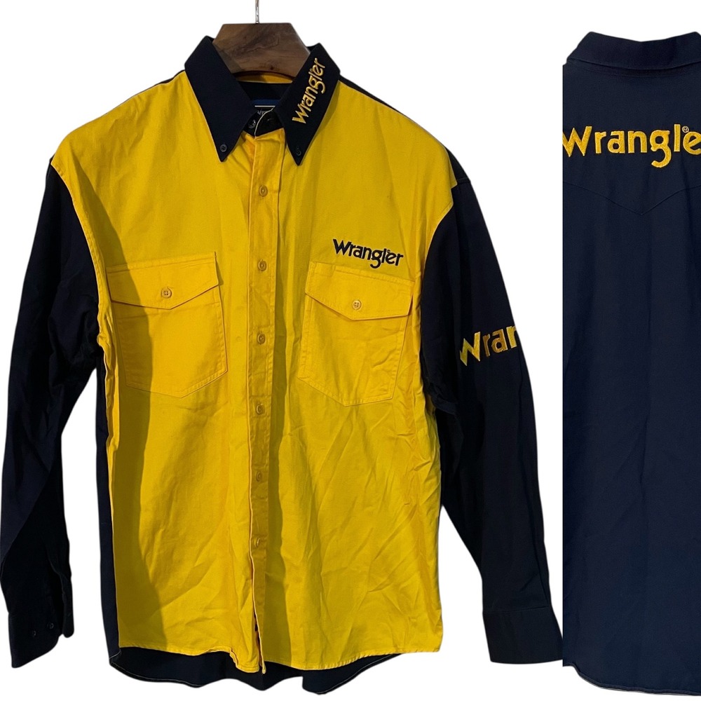 Vtg Wrangler Western Shirt Yellow Blue Brushpopper Button Up Michigan Rodeo‎ XL